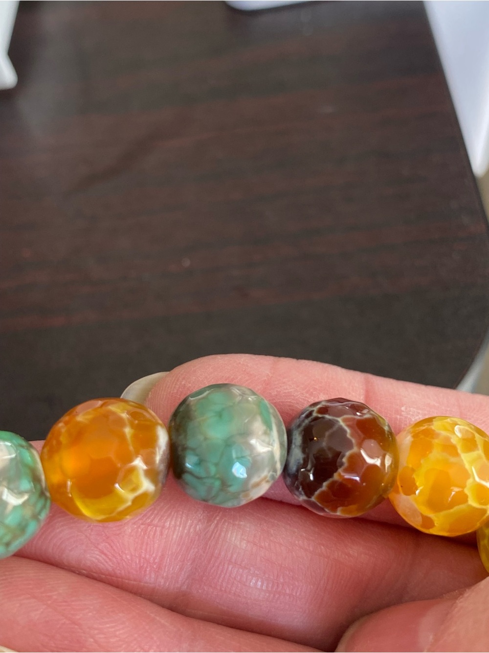 Multicolor Fire/Dragon Vein Agate Beaded Bracelet with a silver 2 side charm - Picture 10 of 17